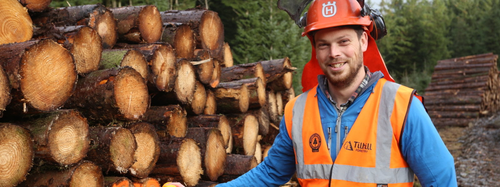 Photograph of Tilhill forester marking up harvested timber at a forest site.