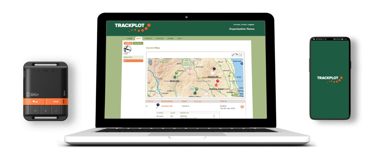 Image of Trackplot Portal on a laptop screen alongside a GPS Device and the Trackplot Mobile App.