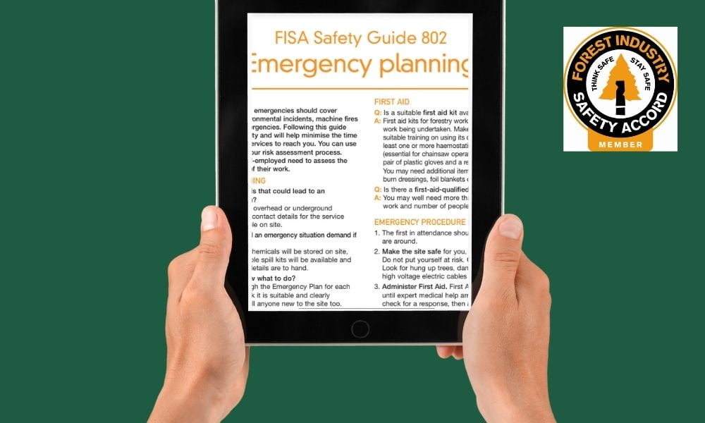 Image of first page of FISA Safety Guide 802: Emergency Planning being viewed on a tablet. Sponsored by Trackplot Ltd.