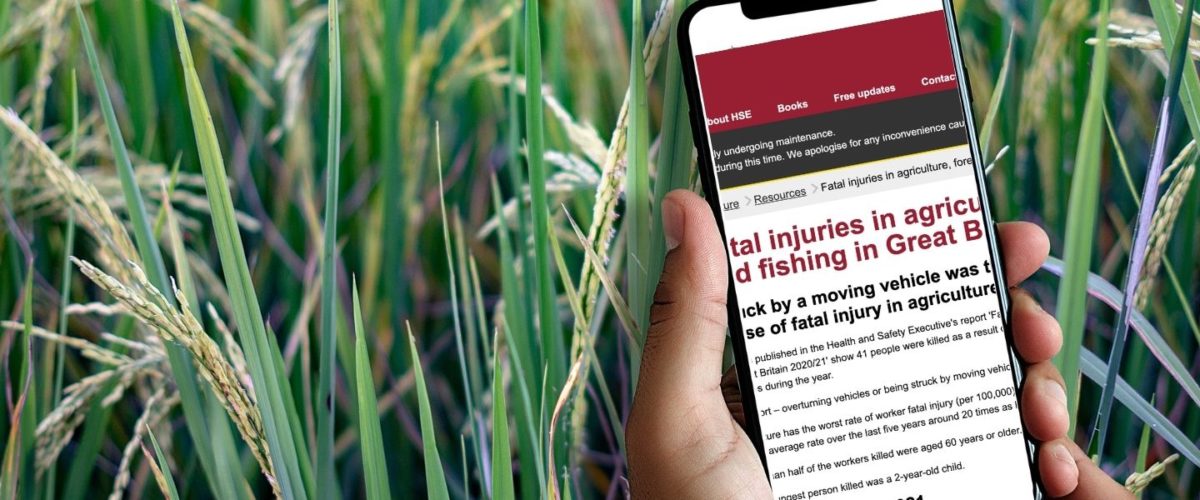 Screenshot of HSE website news item about Fatal injuries in agriculture, forestry and fishing for 2020/21 in Great Britain being viewed on a smartphone