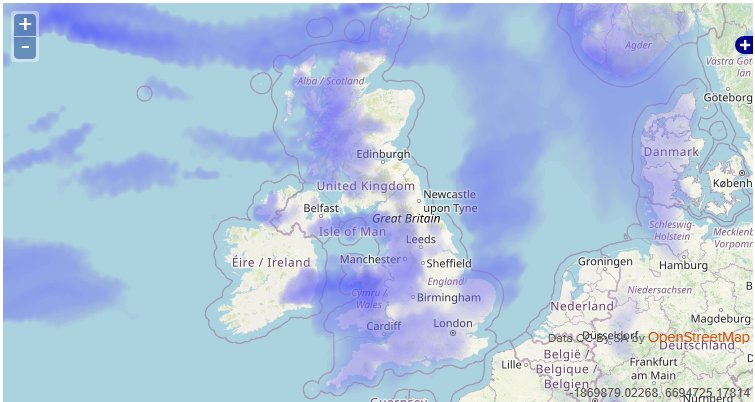Screenshot of Rain Forecast overlay in Trackplot Portal showing multiple areas of the UK covered in dense rain cloud.