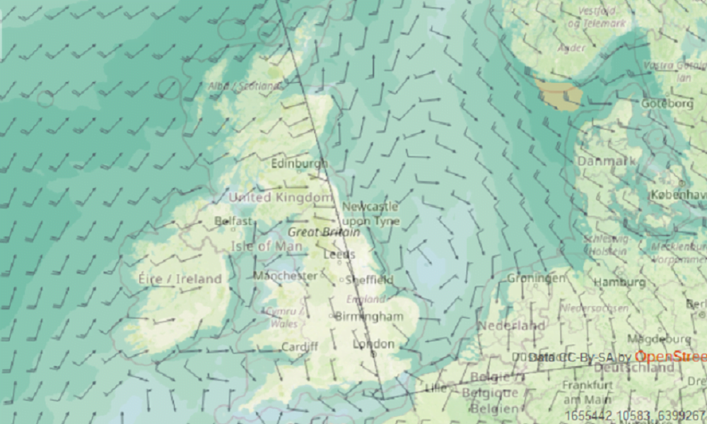 Image of Wind Forecast overlay in Trackplot Portal.