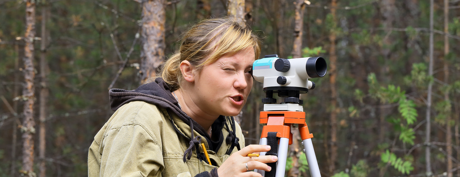 Image of forestry surveyor lone working in forest.