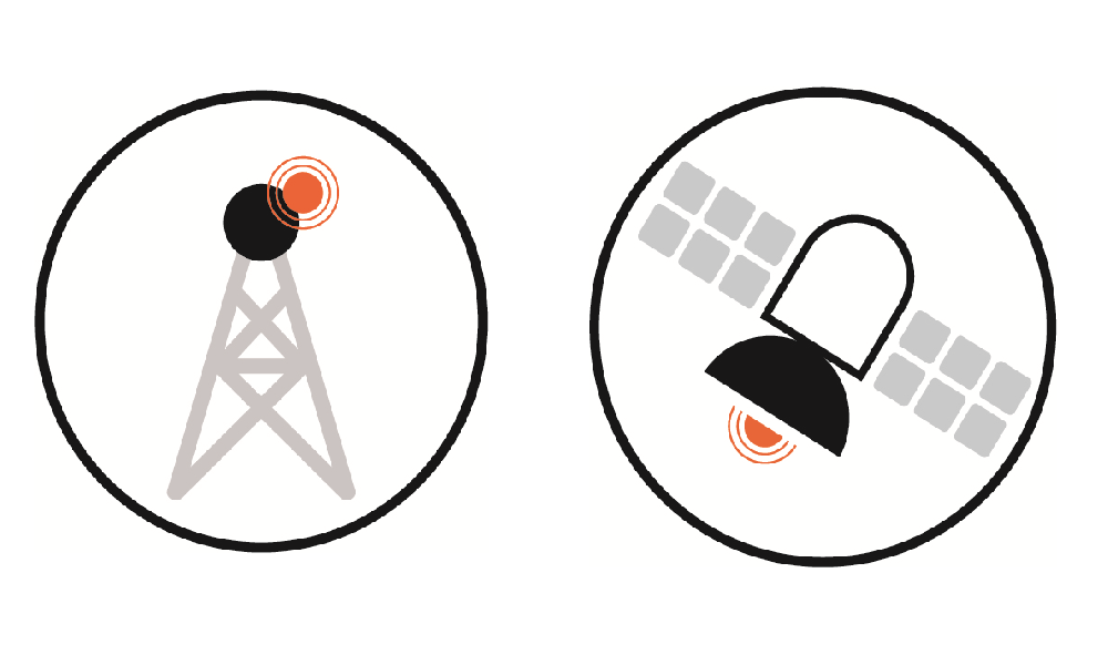 Illustration of a mobile phone mast and a communication satellite. Both satellite communications and the mobile phone network are integrated with the Trackplot lone worker monitoring system.
