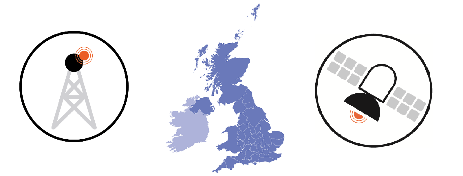 Illustration showing a mobile phone mast, a communication satellite and a map of the UK to infer that mobile phone coverage does not cover the whole of the UK.