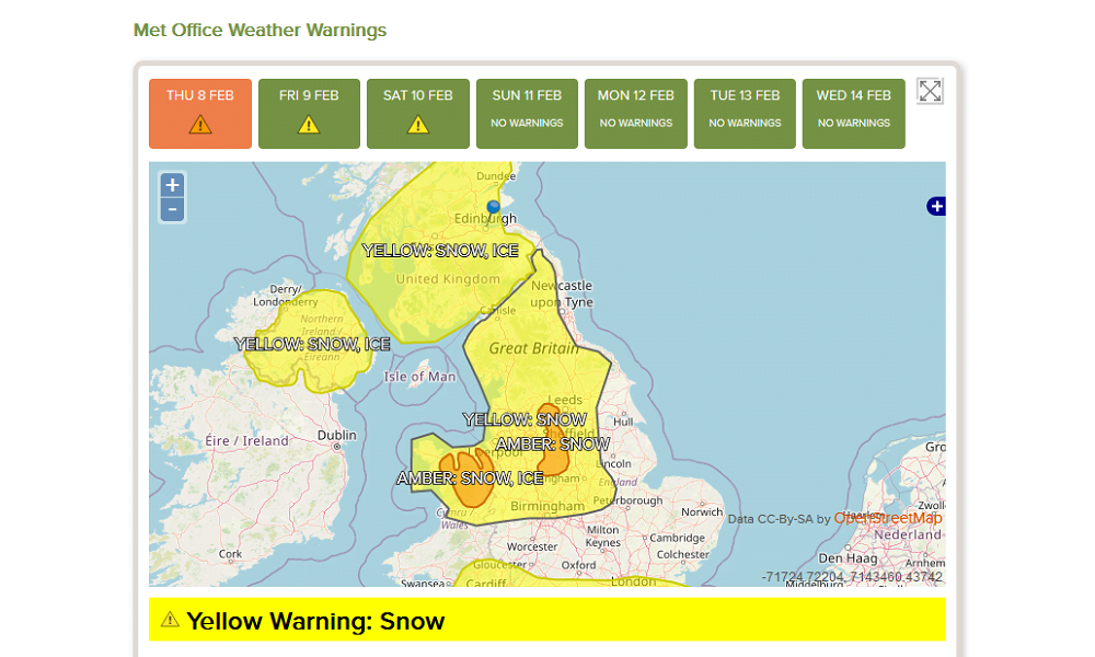 Screenshot of Trackplot Portal displaying Met Office Yellow Severe Weather Warning for Snow.