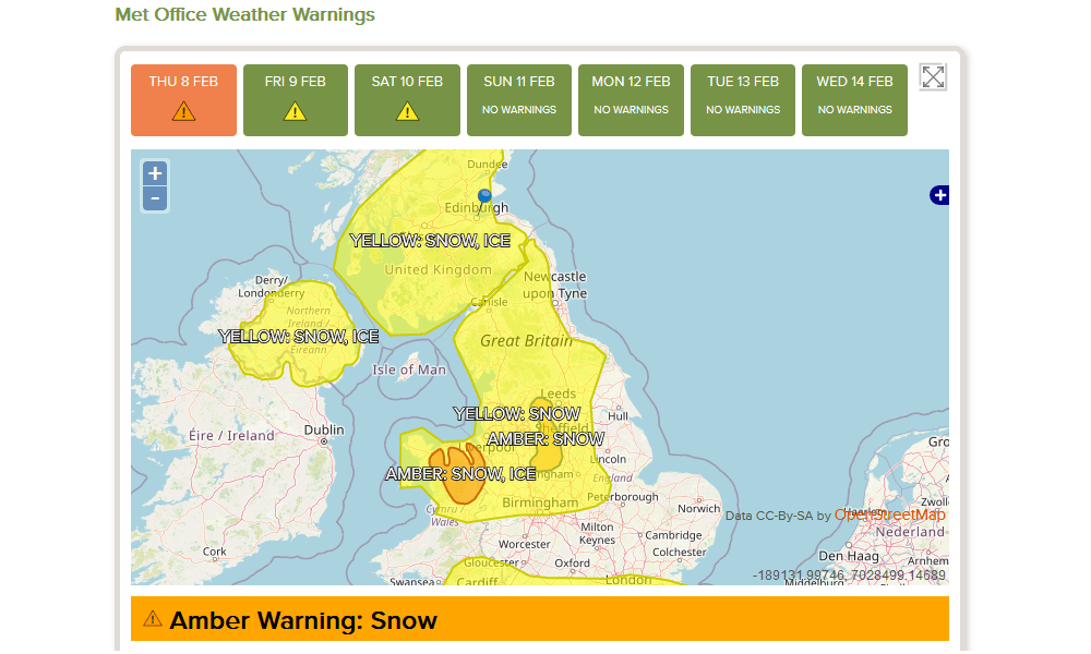 Screenshot of Trackplot Portal displaying Amber Severe Weather Warning for Snow