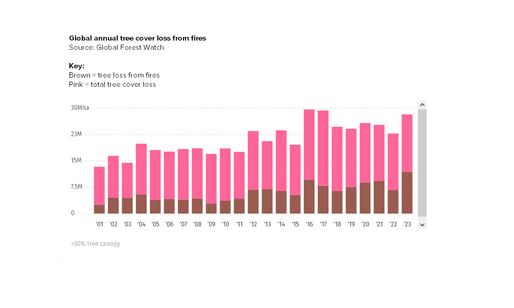 Bar graph showing global annual tree cover loss from fires including wildfires (brown) compared to total tree cover loss (pink) with thanks to Global Forest Watch.