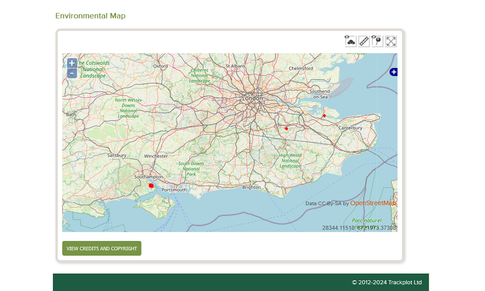 Screenshot from Trackplot Portal showing 3 active fires in south east England near Southampton, Elmley and Sevenoaks.