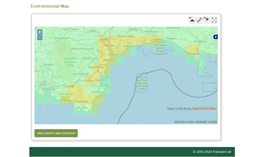 Screenshot from Trackplot Portal displaying Yellow Moderate Danger Fire Weather Index in south west England around Exeter, Chickerell and Kingsbridge.