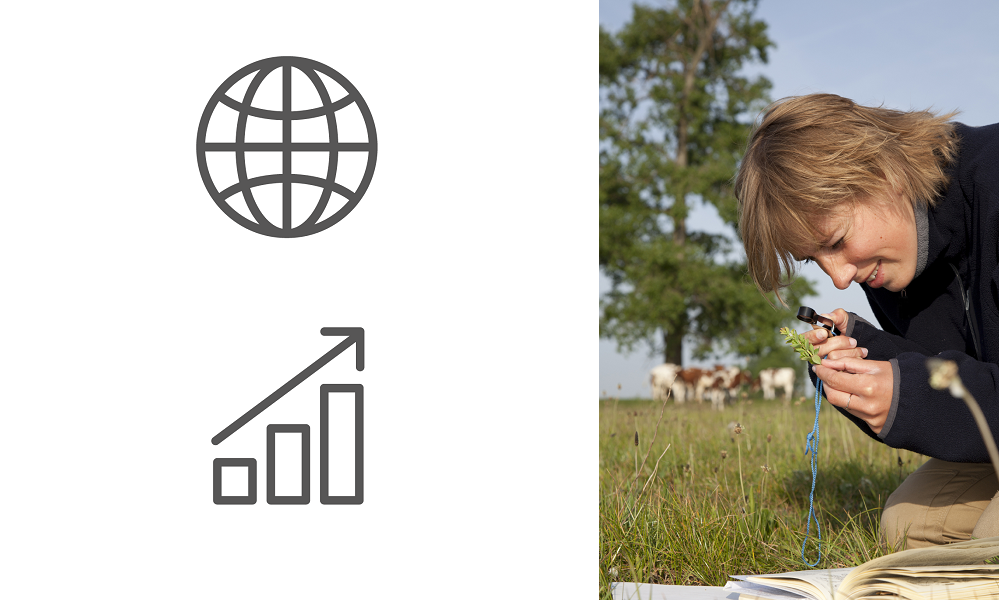 Montage image of a lone working ecologist, an illustration of a globe and an increasing bar chart to represent the global growth in lone working.