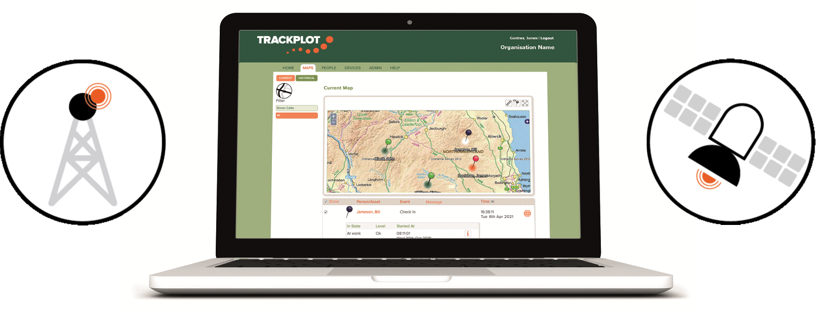 Illustration showing the Trackplot Portal is integrated with satellite networks and mobile phone networks.