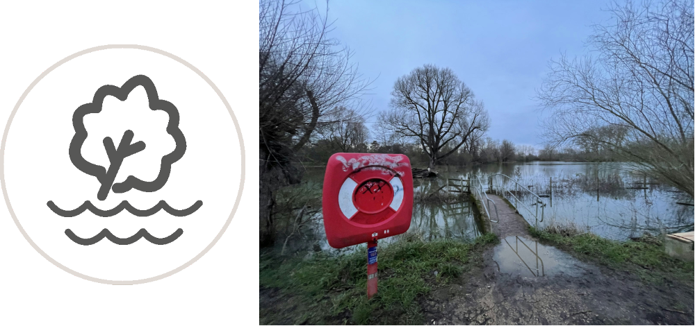 Montage of Trackplot's Flooding England Warnings and Alerts icon with a photograph of a flooded field and bridge in the UK.