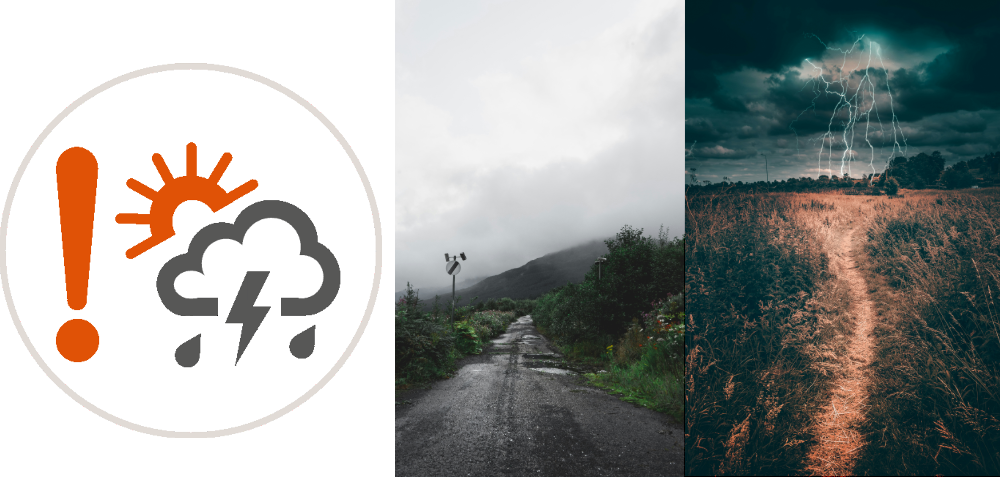 Montage of Trackplot's Personal Severe Weather Notifications icon with a photograph of rain and poor visibility on a country road, and a photograph of a storm with lightning.