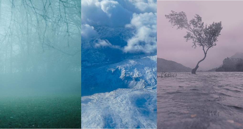 Montage of 3 photographs showing extreme weather - fog, snow and flooding in the UK.