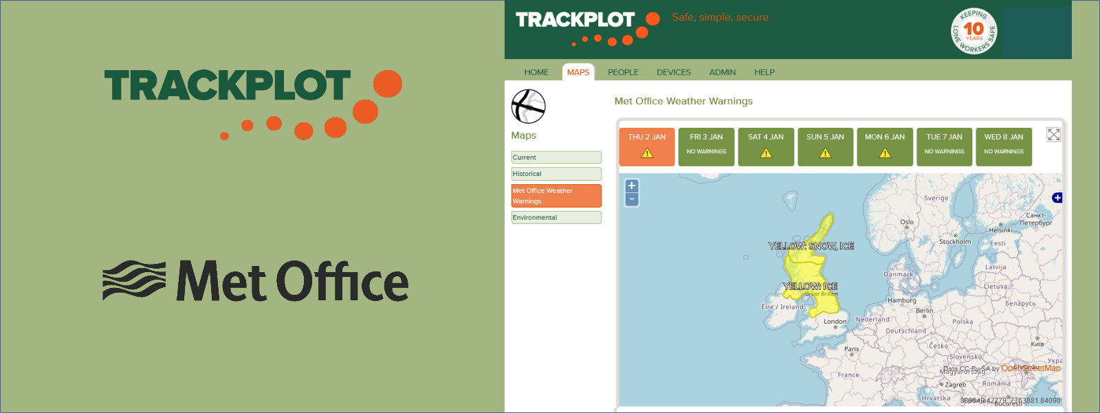 Screenshot of Trackplot Portal showing a Yellow Met Office Weather Warning for Snow and Ice across Scotland, Northern Ireland, North of England and Midlands, and North Wales, with Trackplot and Met Office logos.