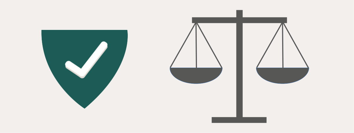 Vicarious liability - Illustration of scales of justice and a tick in a shield to reflect that employers can take reasonable steps to prevent the law of vicarious liability from being implemented.