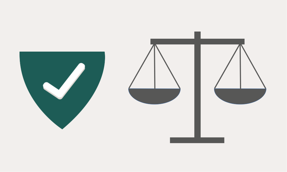 Illustration of scales of justice and a tick in a shield to reflect that employers can take reasonable steps to prevent the law of vicarious liability from being implemented.