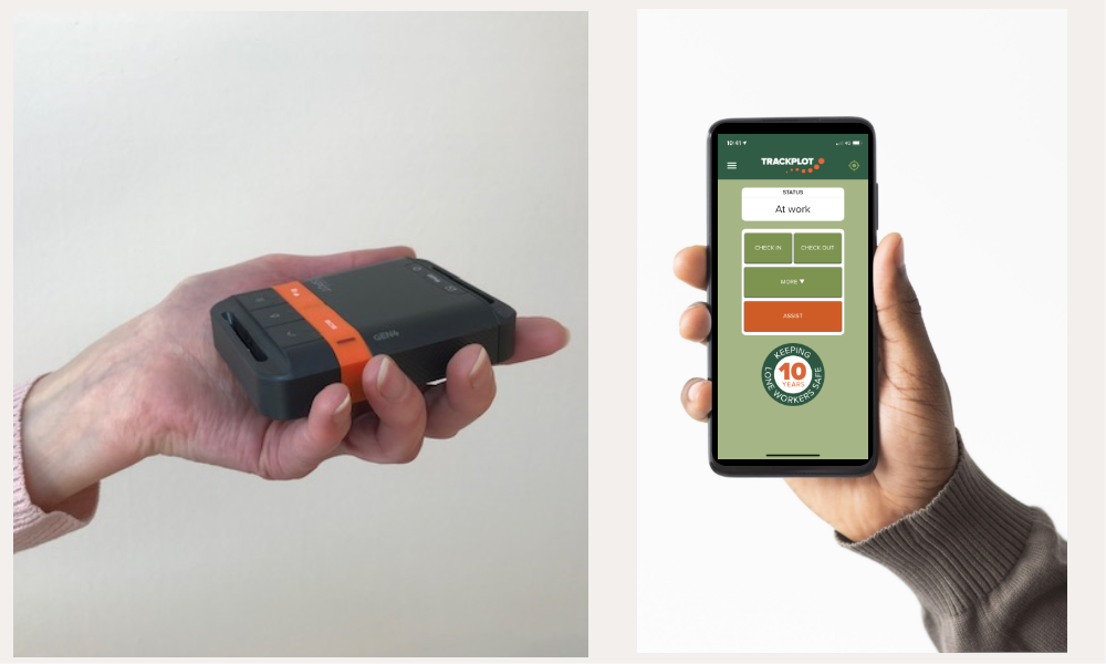 Wellbeing at work montage image showing 2 different Trackplot options including a photo of a female hand holding a GPS device, adjacent to a male hand holding a mobile phone with the Trackplot Mobile App on the screen.