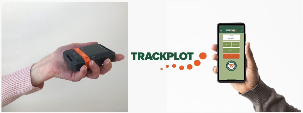 Wellbeing at work montage image showing different Trackplot options including a photo of a female hand holding a GPS device, adjacent to the Trackplot logo, adjacent to a male hand holding a mobile phone with the Trackplot Mobile App on the screen.