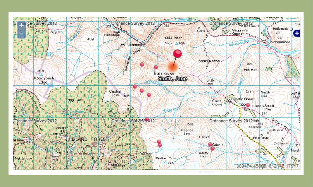 Screenshot of Trackplot Portal showing a lone worker’s extremely remote location and their tracking movement whilst traversing steep slopes.