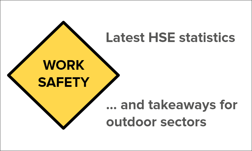 Illustration with "Work Safety" written in yellow warning box and headline "Latest HSE statistics and takeways for outdoor sectors" to support health and safety report from HSE.