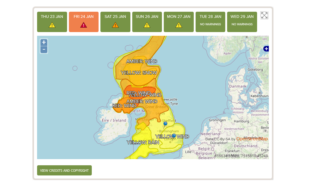 Screenshot from Trackplot's online Portal showing numerous live severe weather warnings and the locations of two lone workers in a yellow weather warning zone.