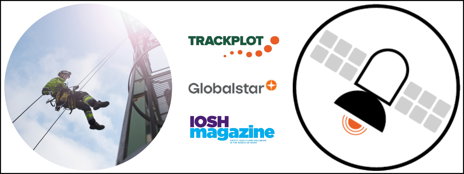 Image promoting a webinar on the “Rise of satellite based lone worker communications for safety-critical industries”, including photo of a lone worker undertaking aerial work and abseiling down a utility pylon, illustration of a communication satellite, and Trackplot, Globalstar and IOSH Magazine logos.