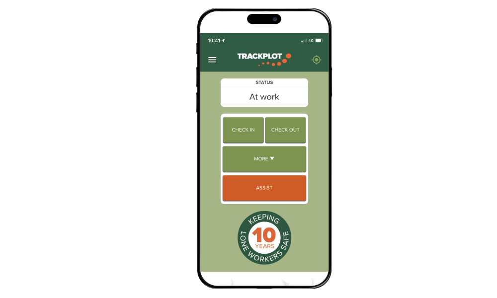 Image of Trackplot Mobile App displayed on a smartphone showing the Home screen and the most frequently used function buttons: Check-in, Check out, Assist and More.