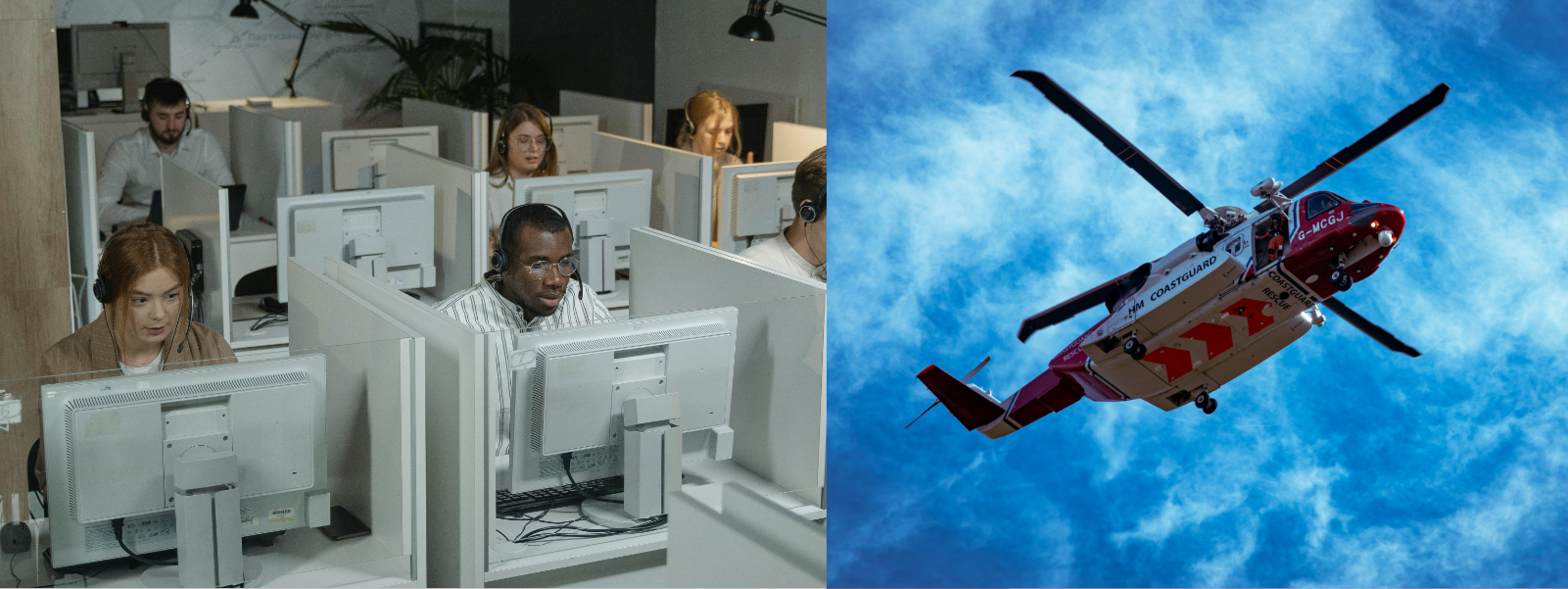 Photograph of SOS Alarm Receiving Centre and ARC controllers handling SOS alarms; beside a photograph of an HM Coastguard helicopter in flight on a rescue mission.