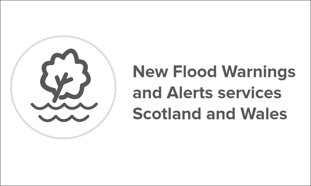 rackplot’s Flooding icon consisting of an illustration of flooding water sweeping away a tree and the words “New Flood Warnings and Alerts services Scotland and Wales”