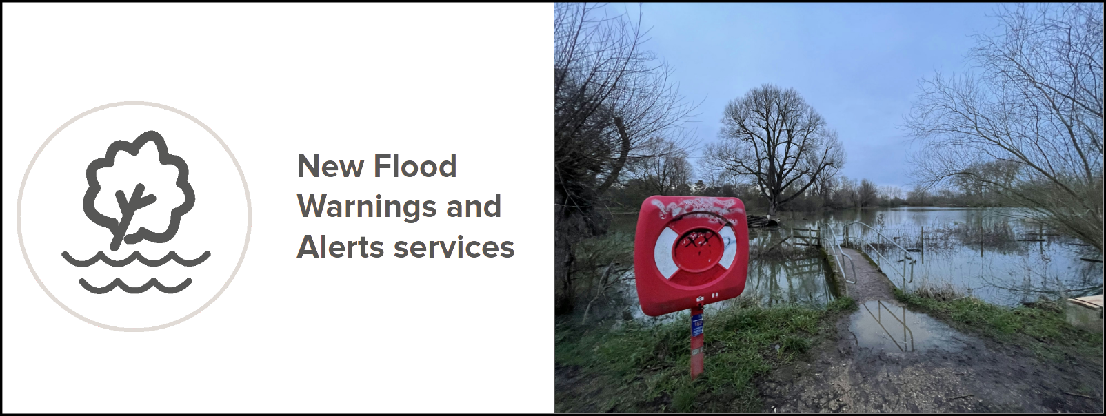 Photograph of a flooded river and bridge in a countryside location alongside Trackplot’s Flooding icon consisting of an illustration of flooding water sweeping away a tree and the words “New Flood Warnings and Alerts services”.
