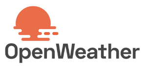 OpenWeather logo - sun and rain cloud image in orange with the words OpenWeather in grey.