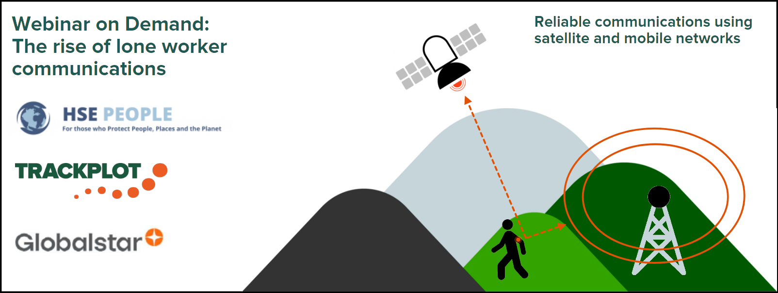 Hero banner promoting Webinar on Demand about the “Rise of lone worker communications”, including and illustration showing how a combination of satellite and mobile networks offers reliability with Trackplot, Globalstar and HSE People logos.