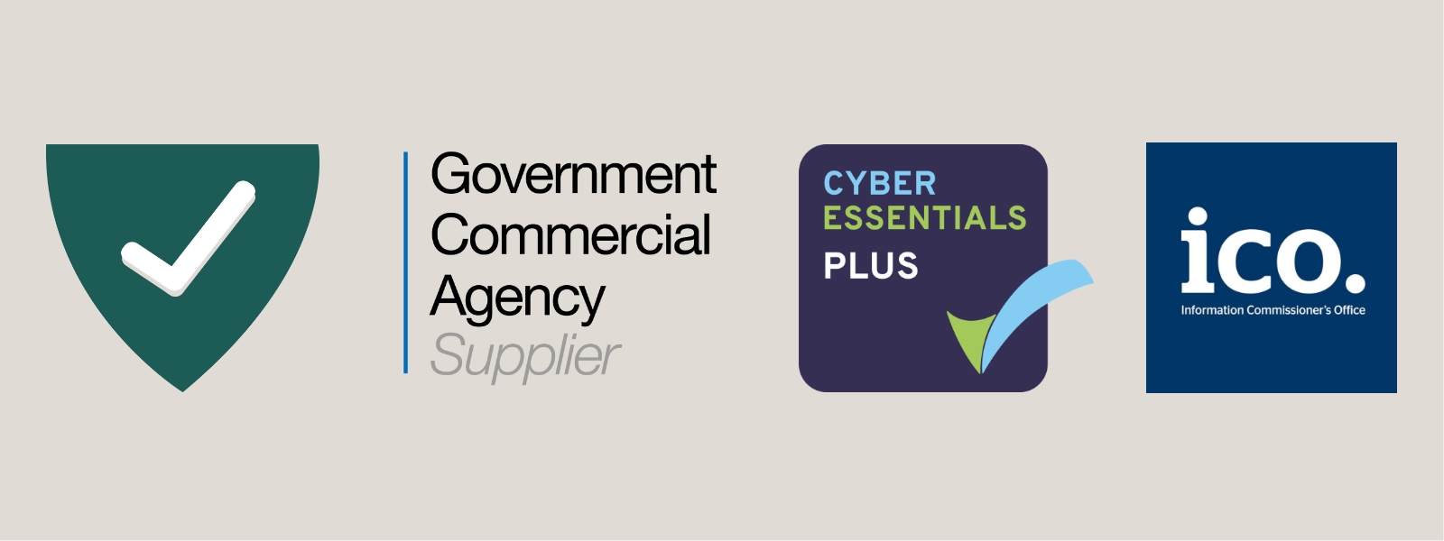Montage image including a white tick in a green shield to represent conformity alongside the Government Commercial Agency Supplier logo, the Cyber Essential Plus logo and the Information Commissioner’s Office logo, which are Trackplot’s accreditations.