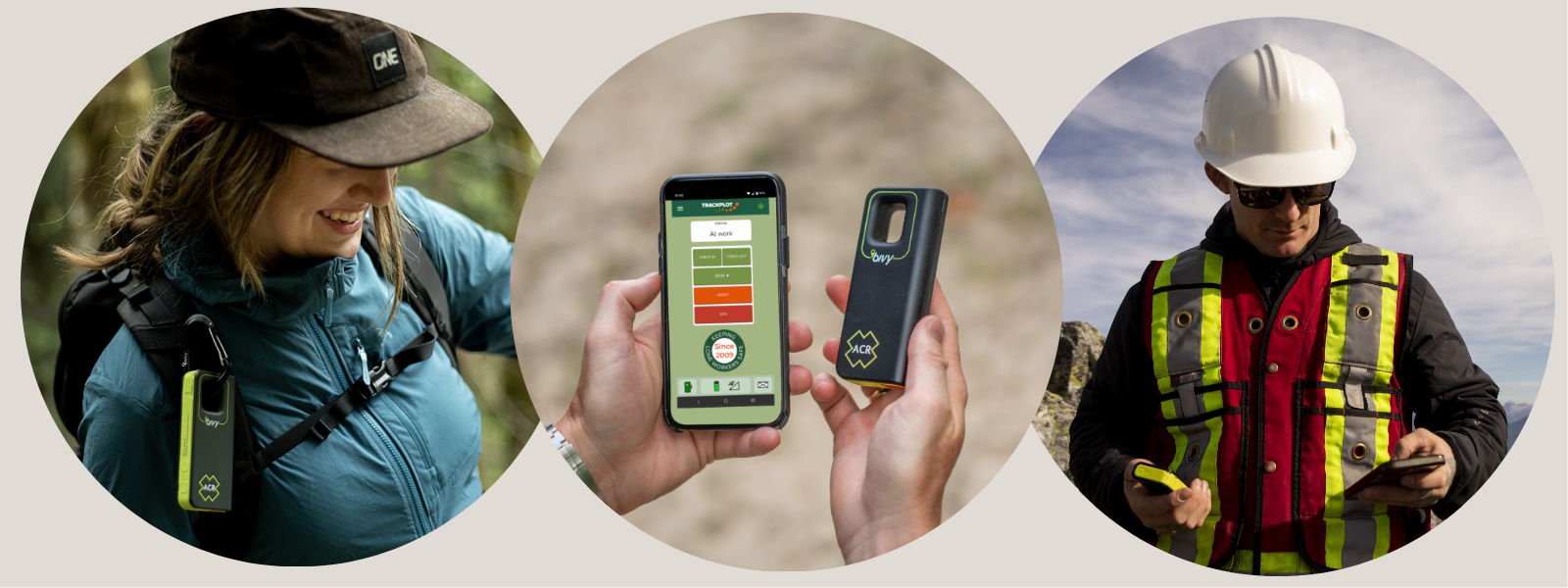 3 photographs, the first showing a woman with a Bivy Stick 2-way satellite communicator secured by a carabiner to her rucksack whilst she is walking; the second showing the Trackplot Mobile App on a smartphone connecting using Bluetooth to a Bivy Stick, and the third showing a man wearing a hard hat and high vis vest 2-way messaging using his Trackplot Mobile App and Bivy Stick.