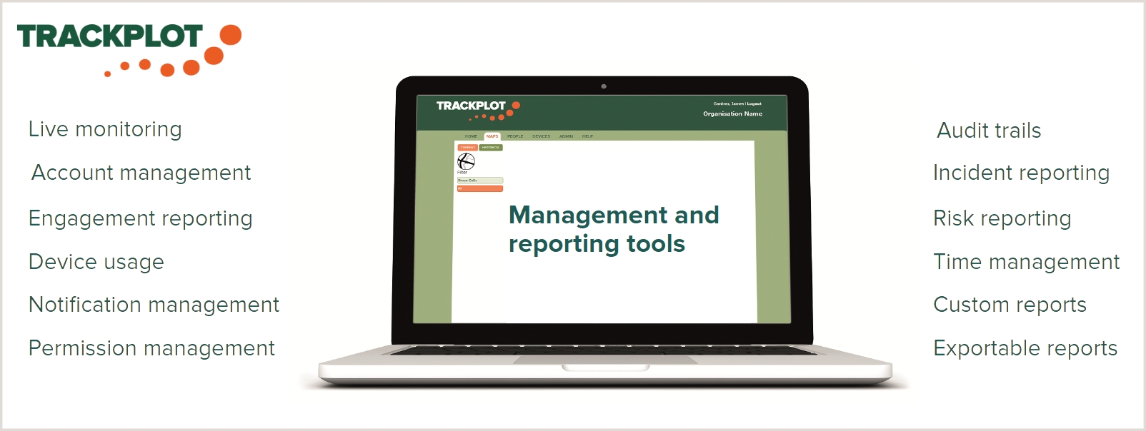 Photograph of laptop displaying Trackplot Portal and Trackplot logo and the words 