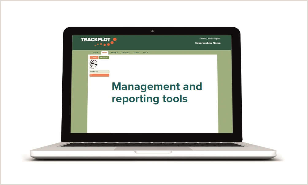 Photograph of laptop displaying Trackplot Portal and Trackplot logo and the words "Management and reporting tools"